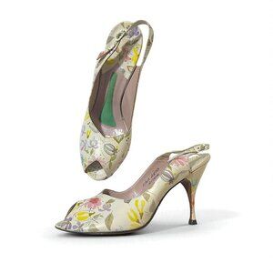 Vintage French Bootery 1950s Floral Leather Peep Toe Slingback Heels –Size 8.5B
